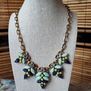 J. Crew Brass Tone Clear Navy Mint Pistachio Stones Statement Necklace Vintage
